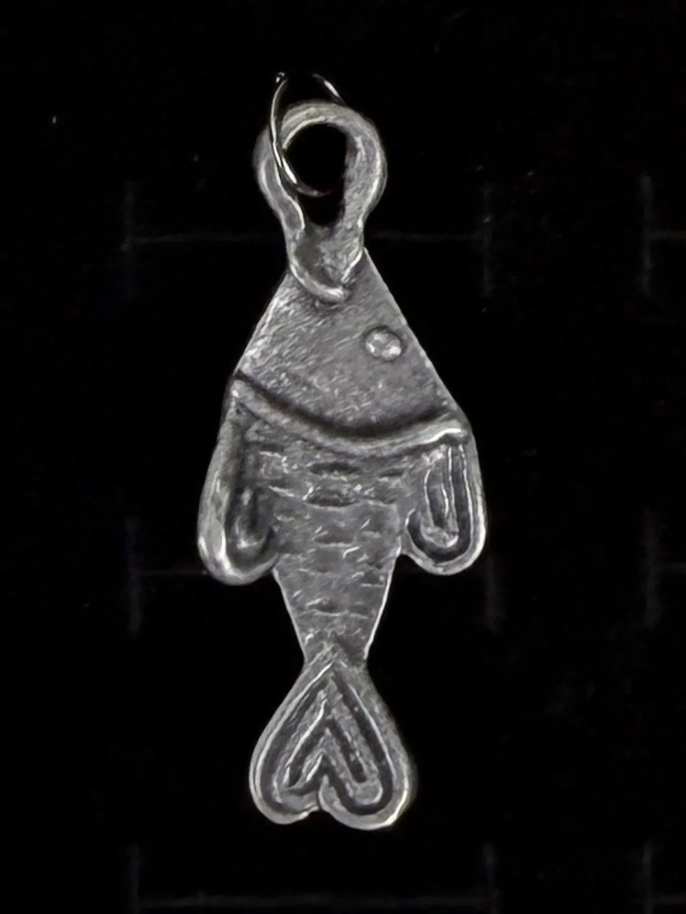 Vintage aged silvertone carved fish pendant + free 16” cord necklace
